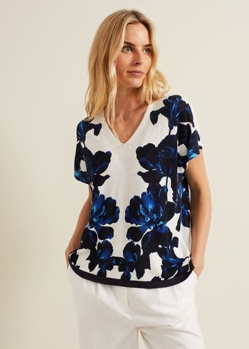 Phase Eight Mia Floral Print Linen Knitwear Navy/White Australia | XY9527104